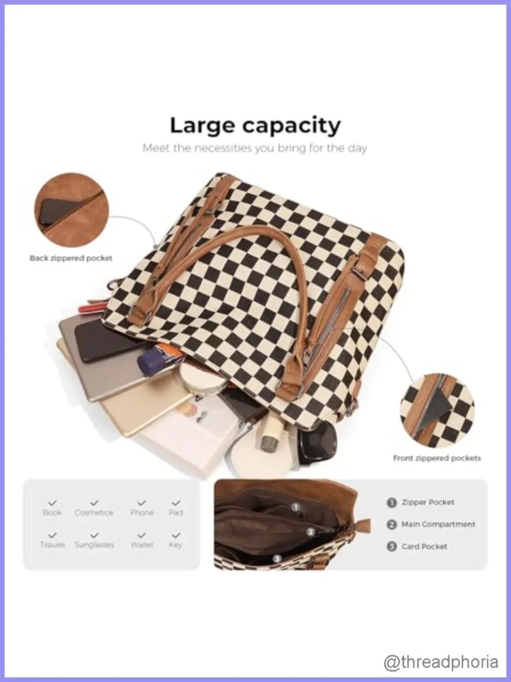 Checkered Hobo Tote Bag for Women Large PU Leather Shoulder Handbag with Pouch